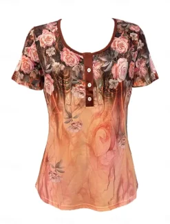 Discount Women's T Shirt Casual Ombre Floral Buttons Short Sleeve Regular Tops U Neck Daily Rose Gold Khaki Summer Women Spring Tops