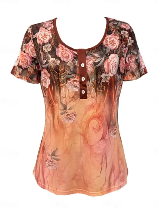 Discount Women's T Shirt Casual Ombre Floral Buttons Short Sleeve Regular Tops U Neck Daily Rose Gold Khaki Summer Women Spring Tops