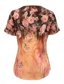 Discount Women's T Shirt Casual Ombre Floral Buttons Short Sleeve Regular Tops U Neck Daily Rose Gold Khaki Summer Women Spring Tops