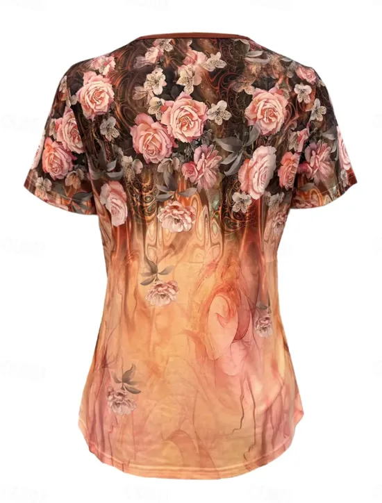 Discount Women's T Shirt Casual Ombre Floral Buttons Short Sleeve Regular Tops U Neck Daily Rose Gold Khaki Summer Women Spring Tops