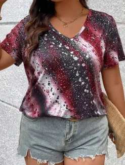 Online Women's T Shirt Casual Print Short Sleeve Regular Tops V Neck Daily Red Blue Purple Green Spring Fall Women T-Shirts