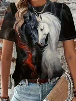 Clearance Women's T Shirt Casual Print Short Sleeve Regular Tops Vacation Daily Summer Women T-Shirts