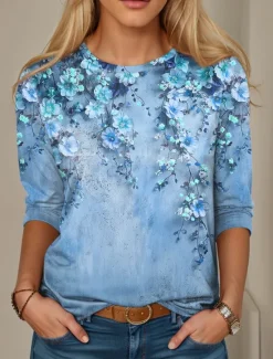 New Women's T Shirt Casual Print Regular Tops Daily Yellow Pink Blue Spring Fall Women Spring Tops|T-Shirts