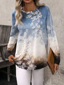 Clearance Women's T Shirt Casual Print Long Sleeve Long Tops Crew Neck Daily Fall Winter Women T-Shirts