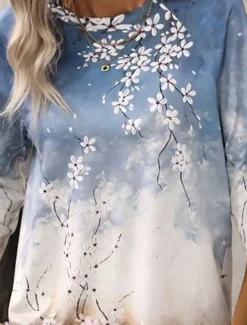 Clearance Women's T Shirt Casual Print Long Sleeve Long Tops Crew Neck Daily Fall Winter Women T-Shirts