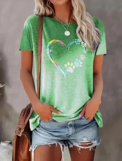 Best Women's T Shirt Casual Print Short Sleeve Regular Tops Crew Neck Daily Red Blue Green Gray Summer Women T-Shirts