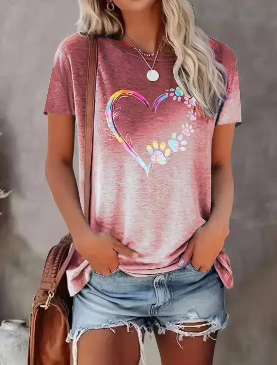 Best Women's T Shirt Casual Print Short Sleeve Regular Tops Crew Neck Daily Red Blue Green Gray Summer Women T-Shirts