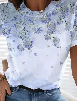 Clearance Women's T Shirt Casual Print Short Sleeve Regular Tops Daily Pink Blue Summer Women Spring Tops