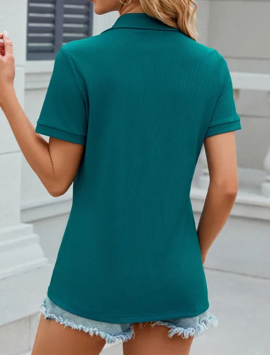 Women's T Shirt Casual Short Sleeve Shirt Collar Regular Tops Daily Zipper Black White Blue Green Summer Women T-Shirts
