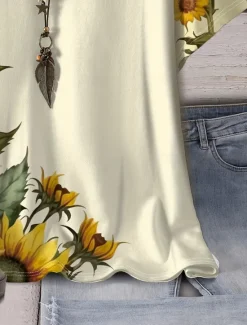 Online Women's T Shirt Casual Sunflower Print Short Sleeve Regular Tops V Neck Daily Summer Women Spring Tops