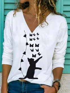 Sale Women's T Shirt Cat Fashion Long Sleeve V Neck Regular Tops Daily Weekend Print Black and White Black White Spring & Fall Women T-Shirts