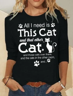 Sale Women's T Shirt Cat Fashion Long Sleeve V Neck Regular Tops Daily Weekend Print Black and White Black White Spring & Fall Women T-Shirts
