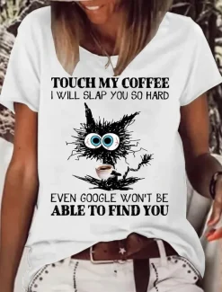 Hot Women's T Shirt Cat Letter Text Basic Short Sleeve Round Neck Regular Tops Daily Weekend Print White Pink Blue Green Gray Spring, Fall, Winter, Summer Women T-Shirts