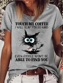 Hot Women's T Shirt Cat Letter Text Basic Short Sleeve Round Neck Regular Tops Daily Weekend Print White Pink Blue Green Gray Spring, Fall, Winter, Summer Women T-Shirts