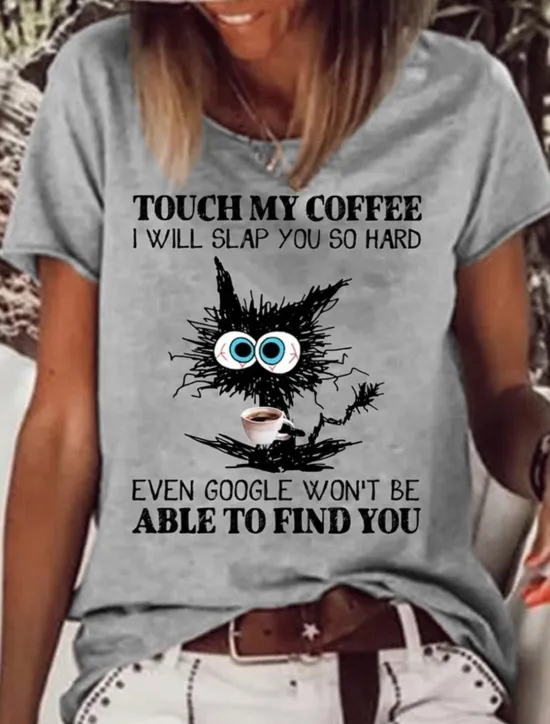 Hot Women's T Shirt Cat Letter Text Basic Short Sleeve Round Neck Regular Tops Daily Weekend Print White Pink Blue Green Gray Spring, Fall, Winter, Summer Women T-Shirts