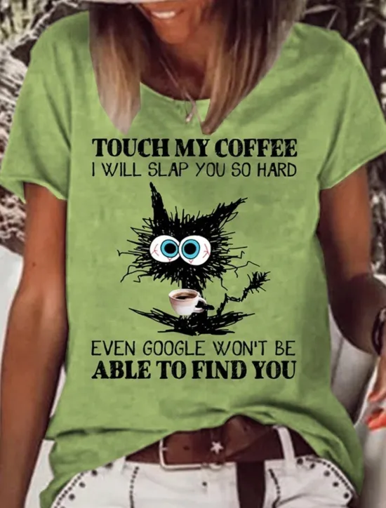 Hot Women's T Shirt Cat Letter Text Basic Short Sleeve Round Neck Regular Tops Daily Weekend Print White Pink Blue Green Gray Spring, Fall, Winter, Summer Women T-Shirts
