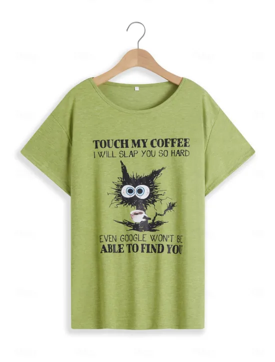 Hot Women's T Shirt Cat Letter Text Basic Short Sleeve Round Neck Regular Tops Daily Weekend Print White Pink Blue Green Gray Spring, Fall, Winter, Summer Women T-Shirts