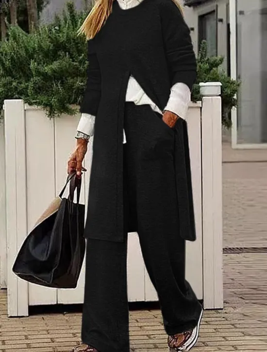 New Women's T Shirt Chinos Long Sleeve Solid Color Black Khaki Gray Spring Regular Fit Women Two Piece Sets
