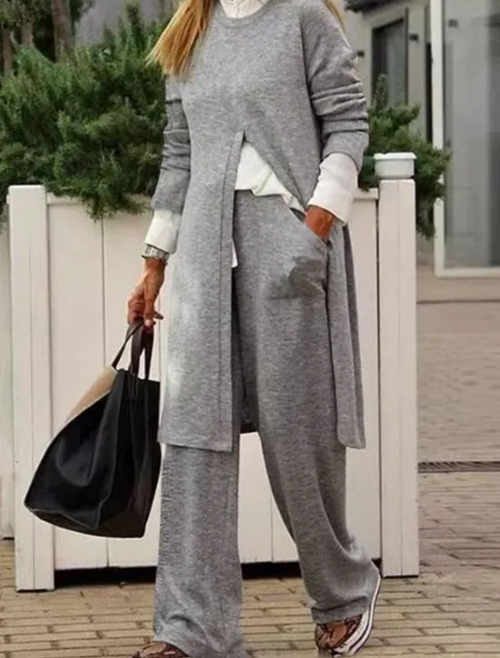 New Women's T Shirt Chinos Long Sleeve Solid Color Black Khaki Gray Spring Regular Fit Women Two Piece Sets