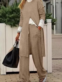 New Women's T Shirt Chinos Long Sleeve Solid Color Black Khaki Gray Spring Regular Fit Women Two Piece Sets