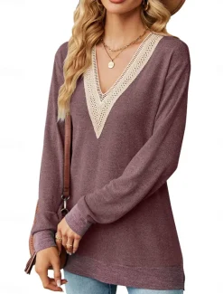 Clearance Women's T Shirt Color Block Elegant Stylish Long Sleeve V Neck Regular Tops Going out Eyelet Red Blue Green Spring & Fall Women Lace Tops