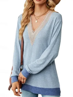 Clearance Women's T Shirt Color Block Elegant Stylish Long Sleeve V Neck Regular Tops Going out Eyelet Red Blue Green Spring & Fall Women Lace Tops