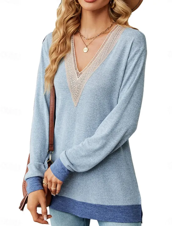 Clearance Women's T Shirt Color Block Elegant Stylish Long Sleeve V Neck Regular Tops Going out Eyelet Red Blue Green Spring & Fall Women Lace Tops