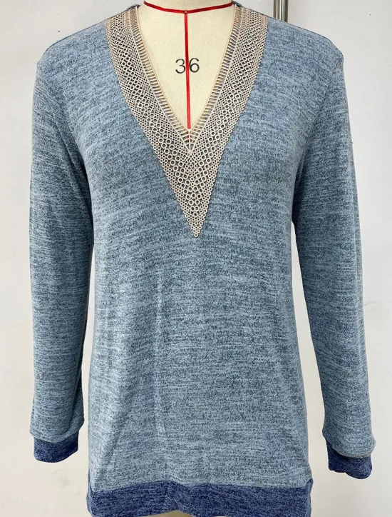Clearance Women's T Shirt Color Block Elegant Stylish Long Sleeve V Neck Regular Tops Going out Eyelet Red Blue Green Spring & Fall Women Lace Tops