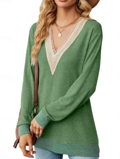 Clearance Women's T Shirt Color Block Elegant Stylish Long Sleeve V Neck Regular Tops Going out Eyelet Red Blue Green Spring & Fall Women Lace Tops