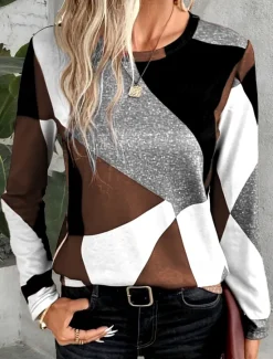 Women's T shirt Crew Neck Long Sleeve Tunic Casual Print Regular Tops Daily Wine Brown Green Gray Spring Fall Women T-Shirts