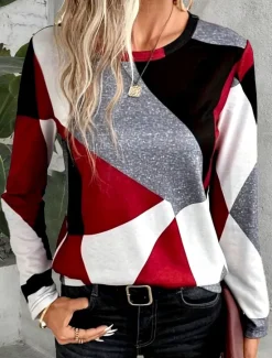 Women's T shirt Crew Neck Long Sleeve Tunic Casual Print Regular Tops Daily Wine Brown Green Gray Spring Fall Women T-Shirts