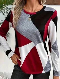 Women's T shirt Crew Neck Long Sleeve Tunic Casual Print Regular Tops Daily Wine Brown Green Gray Spring Fall Women T-Shirts