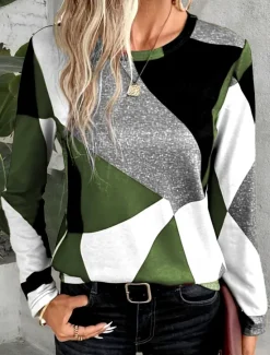 Women's T shirt Crew Neck Long Sleeve Tunic Casual Print Regular Tops Daily Wine Brown Green Gray Spring Fall Women T-Shirts
