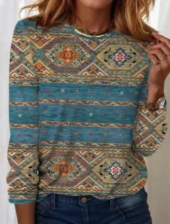Women's T shirt Crew Neck Long Sleeve Tunic Vintage Modern Casual Regular Tops Daily Weekend Print Black Blue Brown Green Fall Winter Women T-Shirts|Boho Tops