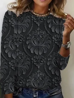 Women's T shirt Crew Neck Long Sleeve Tunic Vintage Modern Casual Regular Tops Daily Weekend Print Black Blue Brown Green Fall Winter Women T-Shirts|Boho Tops