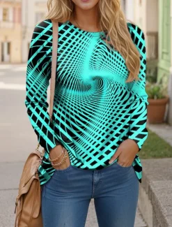 Women's T shirt Crew Neck Long Sleeve Tunic Striped Casual Regular Tops Daily Print Spring Fall Women T-Shirts