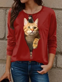 Clearance Women's T shirt Crew Neck Long Sleeve Tunic Cat Modern Casual Regular Tops Daily Weekend Print White Yellow Red Blue Dusty Blue Fall Winter Women T-Shirts