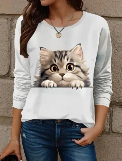 Clearance Women's T shirt Crew Neck Long Sleeve Tunic Cat Modern Casual Regular Tops Daily Weekend Print White Yellow Red Blue Dusty Blue Fall Winter Women T-Shirts