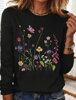 Clearance Women's T shirt Crew Neck Long Sleeve Tunic Floral Graphic Plants Vintage Stylish Classic Round Neck Regular Tops Daily Print Black White Khaki Fall Women T-Shirts