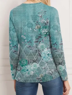 New Women's T shirt Crew Neck Long Sleeve Tunic Casual Print Regular Tops Daily Spring Fall Women Boho Tops
