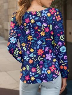 New Women's T shirt Crew Neck Long Sleeve Tunic Floral Graphic Plants Vintage Stylish Classic Round Neck Regular Tops Daily Print Red Blue Purple Brown Green Fall Women T-Shirts