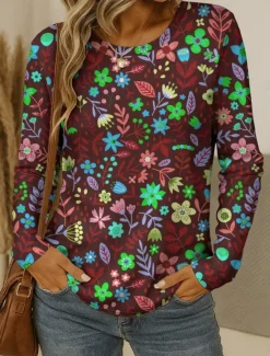 New Women's T shirt Crew Neck Long Sleeve Tunic Floral Graphic Plants Vintage Stylish Classic Round Neck Regular Tops Daily Print Red Blue Purple Brown Green Fall Women T-Shirts
