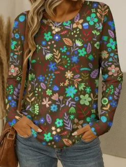 New Women's T shirt Crew Neck Long Sleeve Tunic Floral Graphic Plants Vintage Stylish Classic Round Neck Regular Tops Daily Print Red Blue Purple Brown Green Fall Women T-Shirts