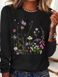 Outlet Women's T shirt Crew Neck Long Sleeve Tunic Floral Graphic Plants Elegant Vintage Stylish Round Neck Regular Tops Daily Print Black White Spring Fall Women T-Shirts