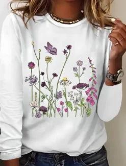 Outlet Women's T shirt Crew Neck Long Sleeve Tunic Floral Graphic Plants Elegant Vintage Stylish Round Neck Regular Tops Daily Print Black White Spring Fall Women T-Shirts