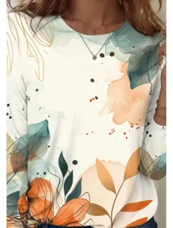 New Women's T shirt Crew Neck Long Sleeve Tunic Floral Graphic Casual Regular Tops Daily Print Spring Fall Women Spring Tops