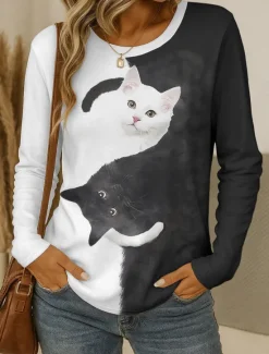 Online Women's T shirt Crew Neck Long Sleeve Tunic Graphic Animal Cat Vintage Stylish Classic Round Neck Regular Tops Daily Weekend Print Black and White Black White Yellow Pink Spring Fall Women T-Shirts