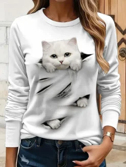 Online Women's T shirt Crew Neck Long Sleeve Tunic Graphic Animal Cat Vintage Stylish Classic Round Neck Regular Tops Daily Weekend Print Black and White Black White Yellow Pink Spring Fall Women T-Shirts