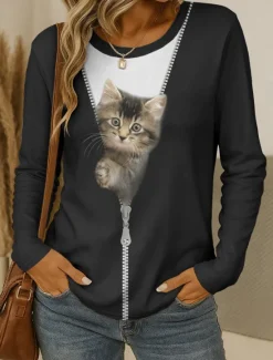 Online Women's T shirt Crew Neck Long Sleeve Tunic Graphic Animal Cat Vintage Stylish Classic Round Neck Regular Tops Daily Weekend Print Black and White Black White Yellow Pink Spring Fall Women T-Shirts