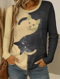 Online Women's T shirt Crew Neck Long Sleeve Tunic Graphic Animal Cat Vintage Stylish Classic Round Neck Regular Tops Daily Weekend Print Black and White Black White Yellow Pink Spring Fall Women T-Shirts